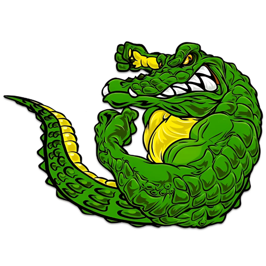 Muscular green alligator flexing, snarling, and holding a basketball.