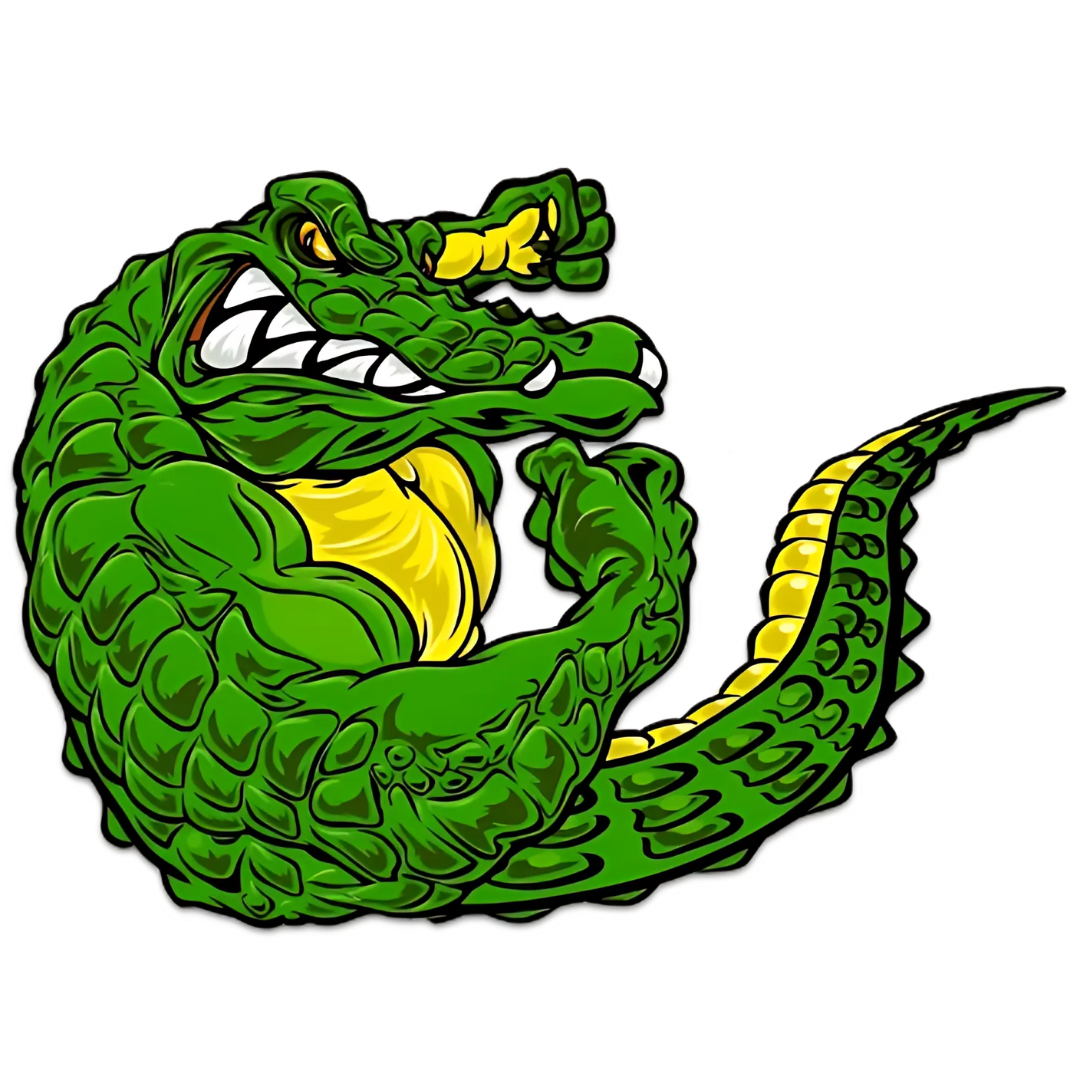 Green, muscular alligator flexing its arm, yellow underbelly, angry expression.