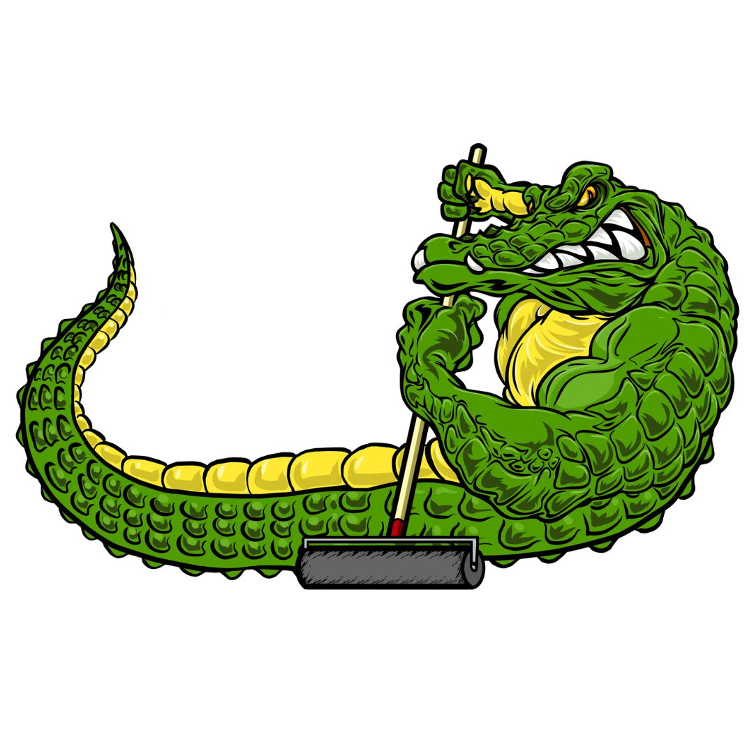 Green crocodile, muscular, holding a paint roller, angry expression.
