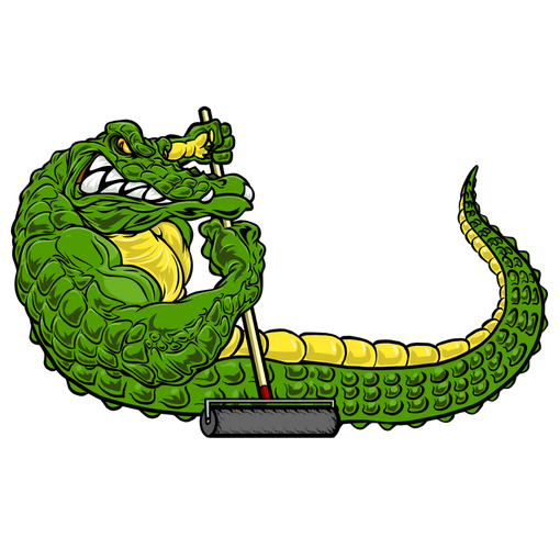 Green alligator with angry expression holding a paint roller.