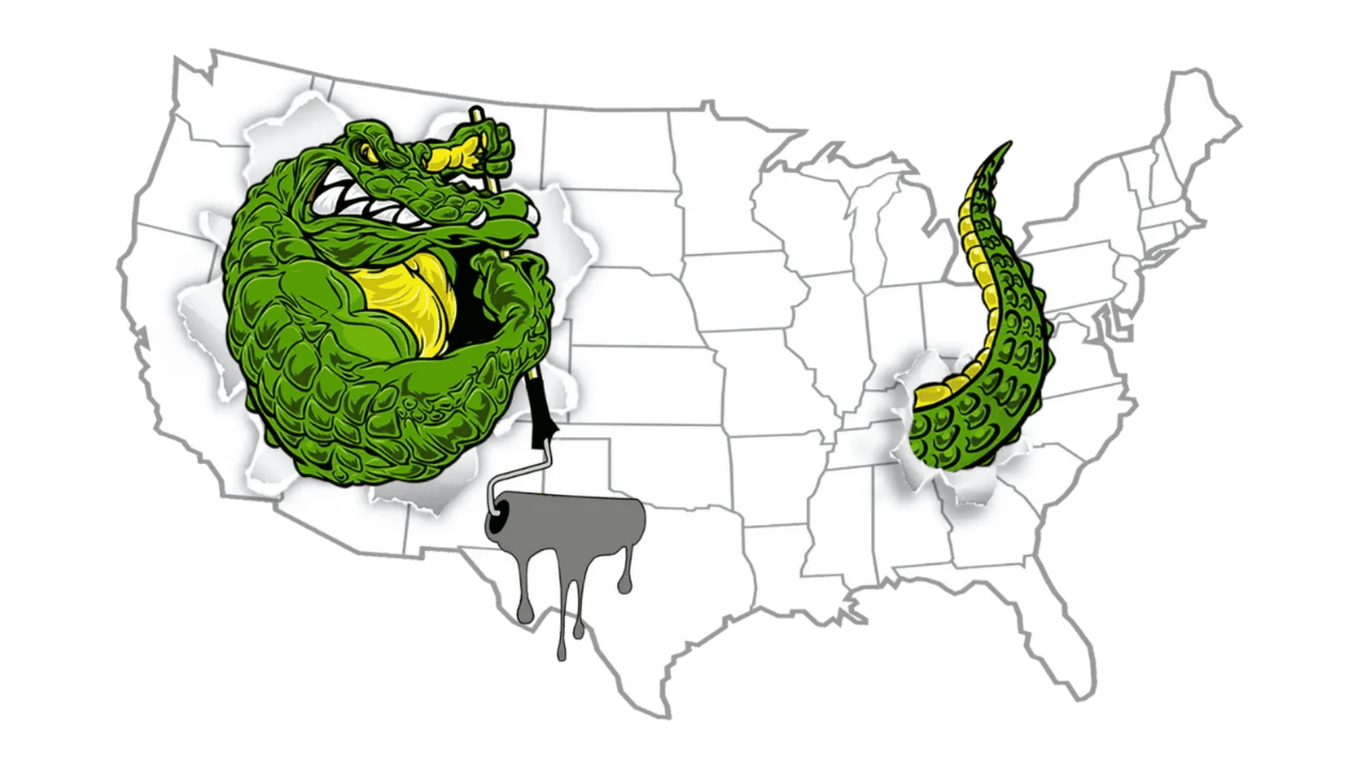 US map with cartoon alligator wrapping around central states and tail in the southeast.