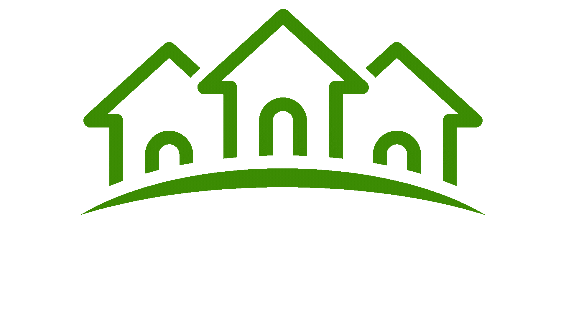 Three green house icons above a curved green line.