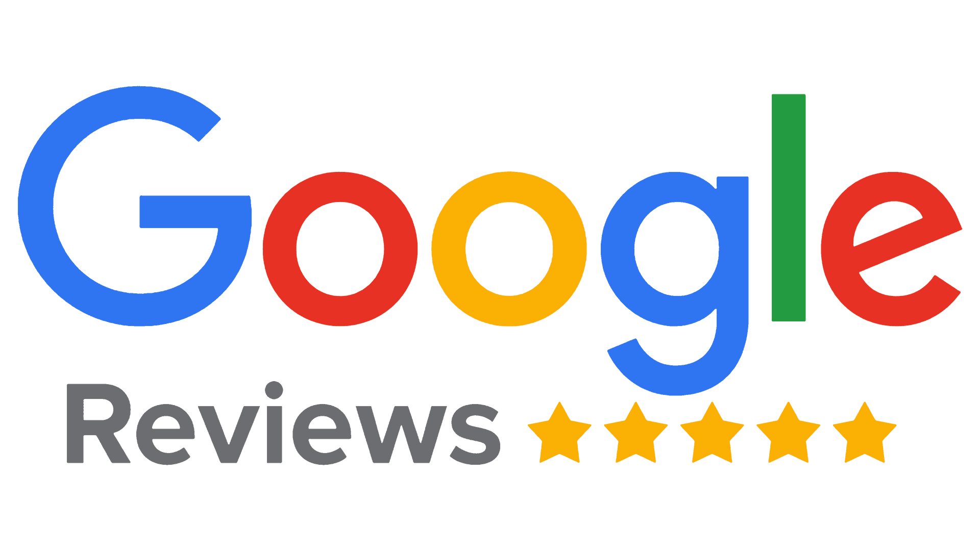 Google Reviews logo with multicolored text and five gold stars.