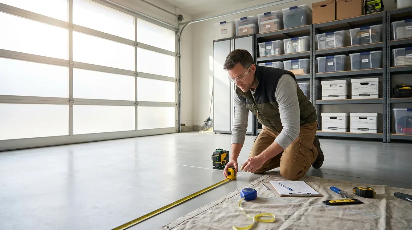 Man kneeling in a garage measuring a floor, storage shelves in the background.