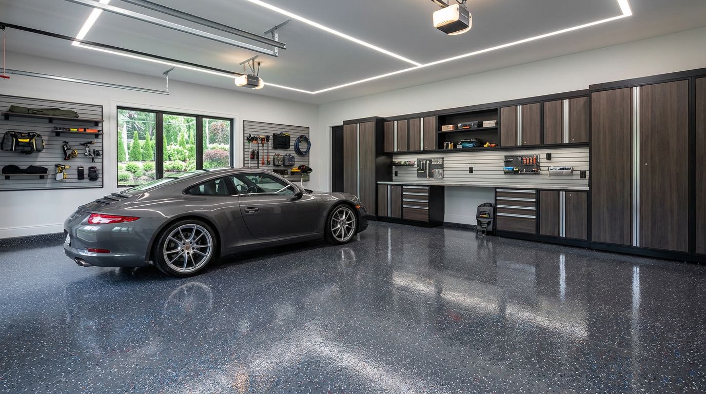Sleek garage with gray sports car, cabinets, and an epoxy floor coating